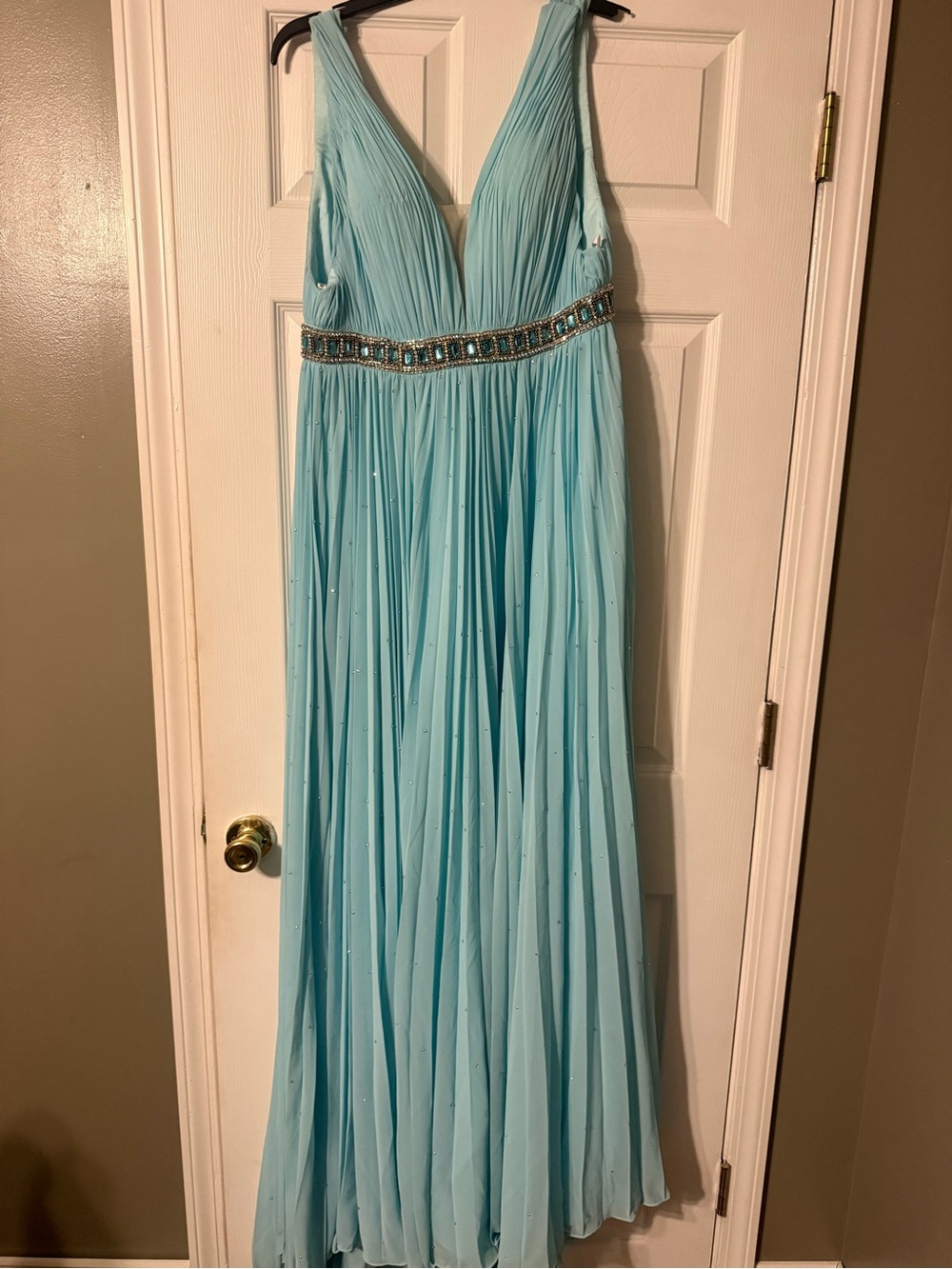 Sherri Hill Aqua Pleated V-Neck Prom Gown with Beaded Waist